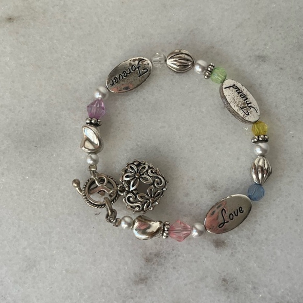 Love, Friend, Forever Bracelet silver and beads 8”..